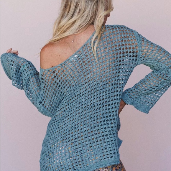 POL- NWOT Teal Crochet Knit Top - Picture 6 of 10